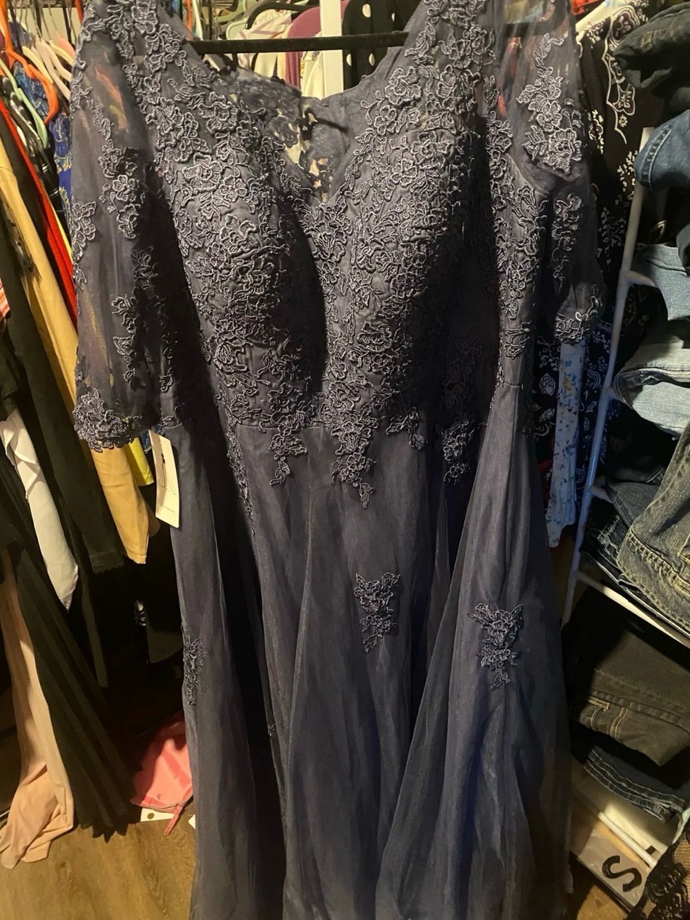 Elegant Gunmetal Lace Evening Dress - Women